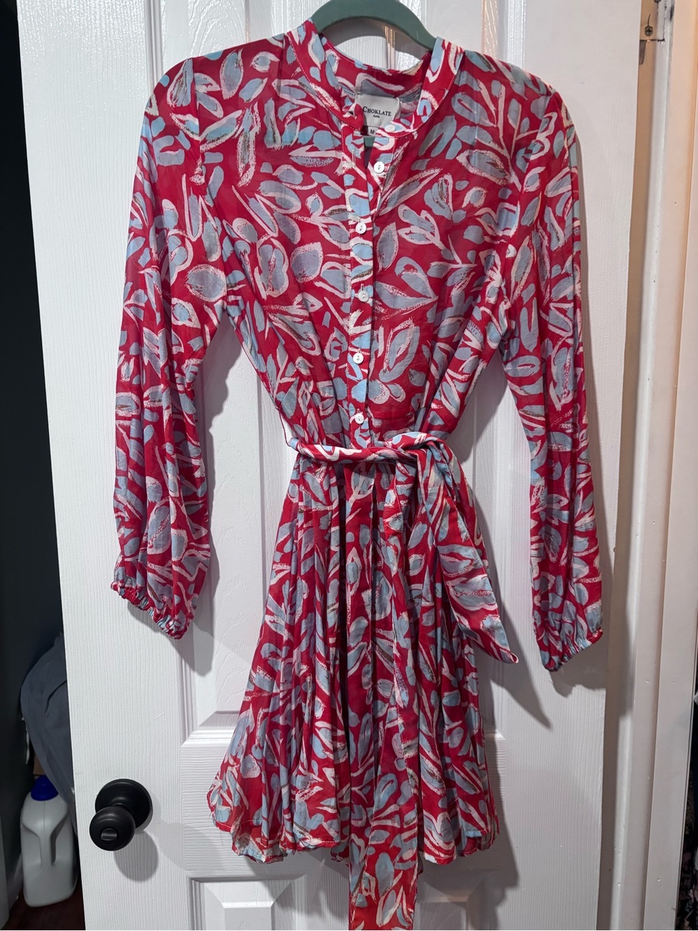 Choklate Red Leaf-Print Button-Front Mini Dress with Tie Belt